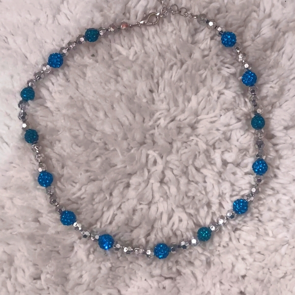 Handcrafted Beaded Colorful Blue And Silver Choker 15" - Picture 1 of 3